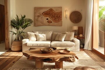 Delicate Wooden Coffee Table and Soft Sofa: Luxurious Living with Natural Aesthetics