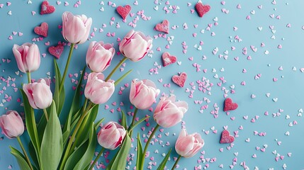 Capture the essence of Mother s Day with a delightful visual a top down shot showcasing pink tulips and heart shaped sprinkles set against a soft pastel blue backdrop leaving space for your