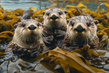 A family of otters playing in a kelp forest underwater, showcasing the playful side of marine life - obrazy, fototapety, plakaty