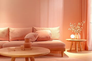 Peach Minimal Living Room with Wooden Coffee Table and Cozy Pink Cushion