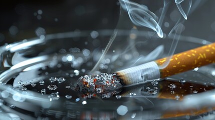 Super detailed close-up of a smoldering cigarette in ashtray with smoke and ashes