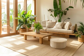 Tropical Greenery Haven: Cozy Minimalist Living Room with Wooden Accents