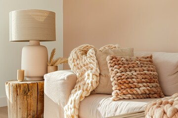 Peach Minimalist Interior with Chunky Knit Throw, Beige Lamp & Wooden Table Centerpiece