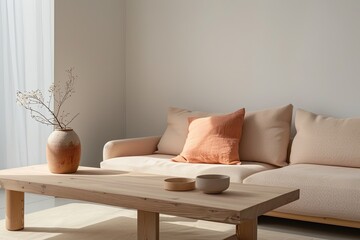 Wooden Coffee Table & Peach Sofa: Cozy Minimalist Living Room Design