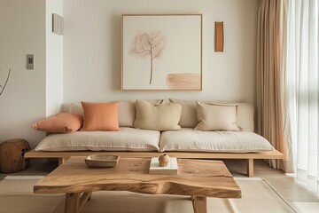 Fototapeta na wymiar Inviting Minimalist Living Room with Wooden Table and Peach Sofa