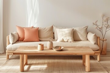 Wooden Coffee Table and Peach Sofa in a Cozy Minimalist Living Room