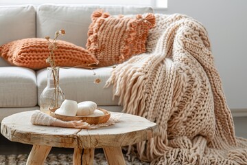Peach Accents & Chunky Knit: Minimalist Interior Elegance