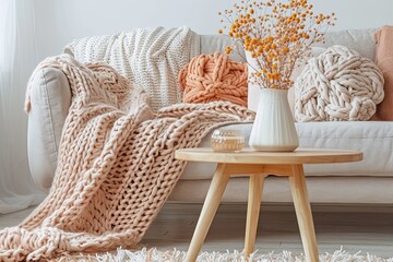 Modern Peach Accented Minimalist Interior with Wooden Table and Chunky Knit Throw