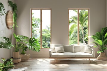 Chic Minimalist Living Room with Lush Foliage Window Views and Eco-Friendly Furniture featuring Delicate Pastel Hues and Sustainable Wooden Touch