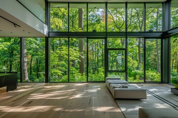 Modern Home Oasis: Green Accents and Tree Views with Expansive Windows