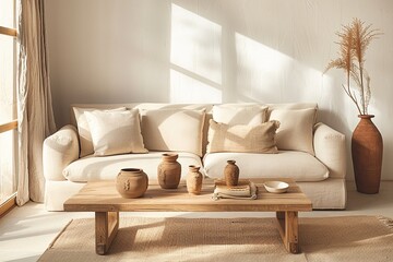 Natural Light Oasis: Cozy Minimalist Living Room with Wooden Coffee Table and Beige Sofa