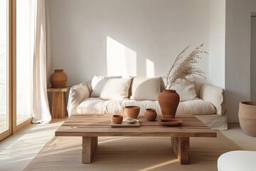 Modern Minimalist Living Room: Cozy Space with Natural Light, Wooden Accents, and Terracotta Vases