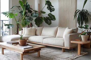 Modern Living Room Oasis: Clean Lines, Lush Foliage, Wooden Coffee Table, Beige Sofa