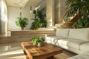 Modern Living Room Oasis: Minimalist, Wooden Coffee Table, Beige Sofa, Tropical Plants
