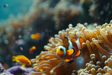 Fototapeta na wymiar Amphiprion Ocellaris Clownfish In Marine Aquarium ,including a clownfish peeking out from an anemone, biodiversity,Amphiprion ocellaris,Cute anemone fish playing on the coral reef, beautiful color 