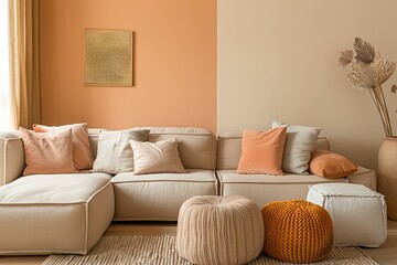 Peachy Elegance: Contemporary Lounge with Pastel Peach and Beige Color Scheme