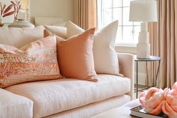 Contemporary Peach and Beige Lounge Area: Cozy Modern Vibes with a Light Couch