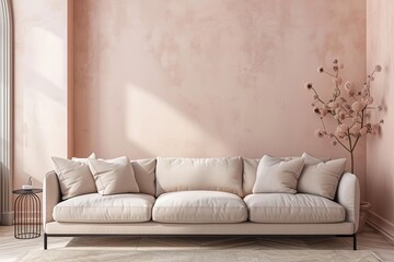 Contemporary Peach and Beige Lounge: Cozy Modern Vibe with Light Couch