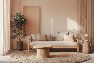 Peach Tones: Modern Minimal Living Room Decor in Elegant Peach and Beige with Wooden Furniture and Delicate Greenery