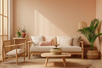 Modern Minimal Living Room: Peach & Beige Tones with Wooden Furniture and Greenery