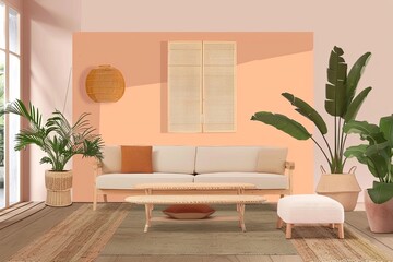 Modern Minimal Living Room with Peach and Beige Tones, Wooden Furniture, and Natural Touches