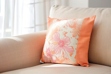 Peach-Colored Chic: Modern Decor with Floral Pillow on Beige Sofa