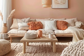Peach-Toned Living Room Oasis: Trendy Cushions, Knit Throws, and Minimalist Accents