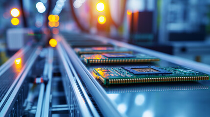 computer chips assembly line in manufacturing plant, modern electronics production factory 