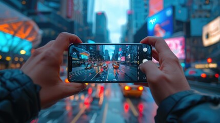 At night in the city, holding a mobile phone to capture the trajectory of cars on the road