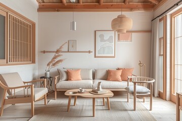 Scandinavian Living Space with Eco-Friendly Wooden Furniture and Pastel Peach Accents