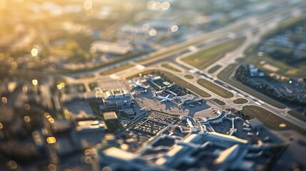 A softfocused aerial shot of a sprawling airport complex with blurred runways terminals and planes in the distance representing the fluid and everevolving nature of air travel and . - obrazy, fototapety, plakaty