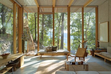 Scandinavian Nature: Eco-Friendly Living Space with Large Windows and Wooden Furniture