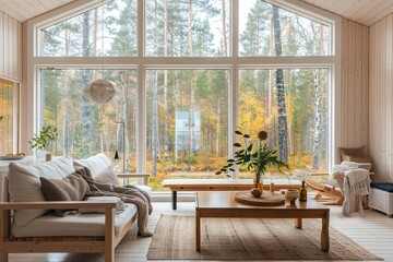Scandinavian Eco-Friendly Living Space: Embracing Nature through Large Windows and Wooden Furniture