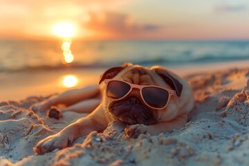 Cute pug dog wearing sunglasses
