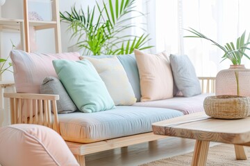 Scandinavian Wooden Furniture in Pastel-Colored Lounge: Eco-Friendly Vibes