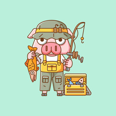 Cute pig fisher fishing animal chibi character mascot icon flat line art style illustration concept cartoon