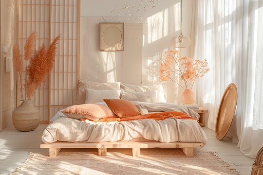Serene Peach Delight: Light Wood Sustainable Room Design