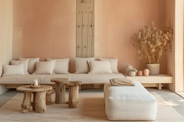 Serene Peach and Beige Room: Sustainable Decor with Light Wooden Features