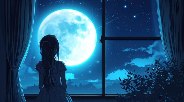 Magical moment: Girl gazes at the full moon through her window, bathed in its ethereal glow
Seamless looping 4k time-lapse virtual video animation background. Generated AI