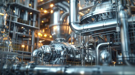Intricate network of pipes and tanks in industrial chemical factory, highlighting complexity and technology