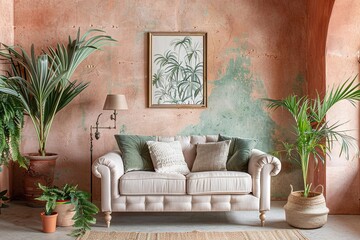 Pastel Terracotta Dreams: Soft Living Room Aesthetics with Greenery Accents