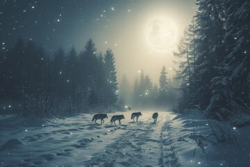  A pack of wolves moving silently through a snowy forest under the moonlight, a scene of untamed wilderness,Gray wolf isolated on white background Gray wolf,Canis lupus, wolf standing in the snow