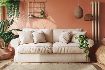 Soft Peach and Terracotta Living Room with Wooden and Green Accents Featuring Beige Sofa