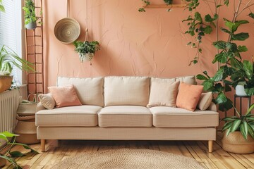 Peach-Toned Living Room with Beige Sofa, Terracotta Accents, and Greenery Notes