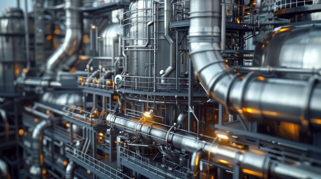 Intricate network of pipes and tanks in industrial chemical factory, highlighting complexity and technology