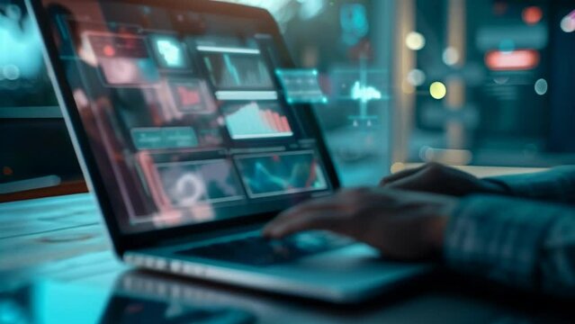 Marketer works on laptop displaying digital ad dashboard and growth chart. Represents leveraging online channels and data-driven strategies to expand reach and engagement.