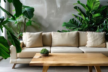 Sophisticated Tropical Minimal Living Room: Green Foliage & Sleek Decor