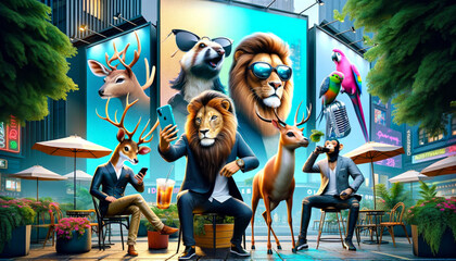 A digital artwork of animals with human traits engaging in social activities at an urban cafe.