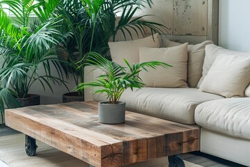 Sophisticated Tropical Minimalist Living Room with Wooden Coffee Table