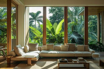 Minimalist Living Room Oasis: Sophisticated Tropical Foliage Views